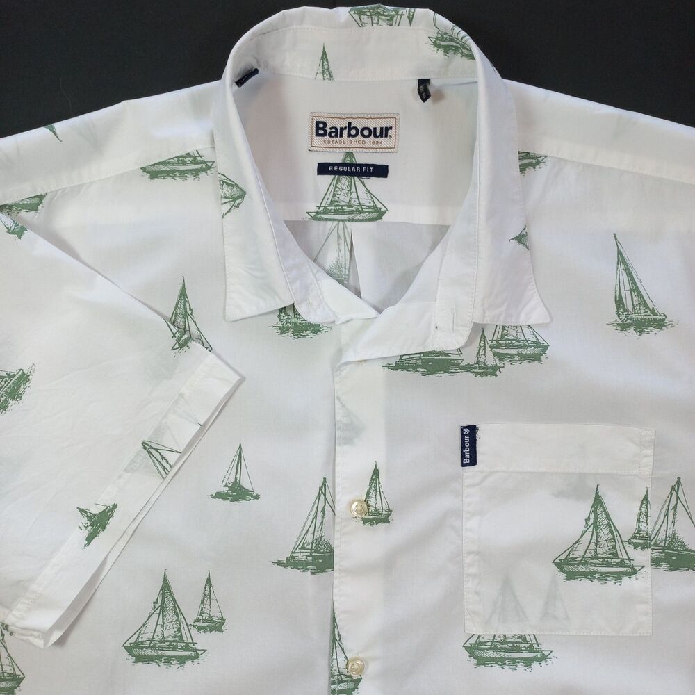 Barbour Shield Shirt Mens L Large UK: XL Sailboat Print White Green MSH4967 EUC